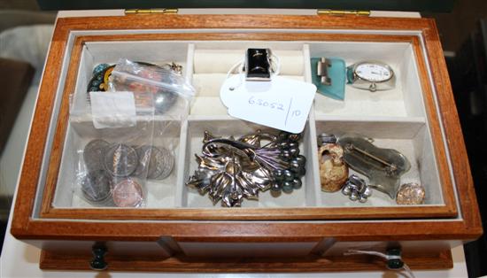 Two jewellery boxes, containing Tiffany silver bangle, onyx & silver dress ring, sundry costume, earrings, carved jet locket etc (Q)